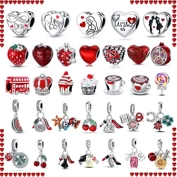 100% 925 Сребро Червената Колекция Мъниста-Шармов във формата на Сърце за Оригиналната Гривна Pandora Fine Jewelry Gift