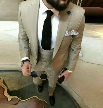 2023 Нов мъжки костюм бежов цвят от 3 теми (блейзър + жилетка + панталони) Комплект за най-добрият човек, банкетна костюм на младоженеца, мъжки костюми Slim Fit в бизнес стил