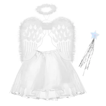 BESTOYARD, 4 бр., костюми ангел, превръзка на главата, жезъл-крило, пола-пакет, комплект дрехи феи за момичетата Angle (Ангел)