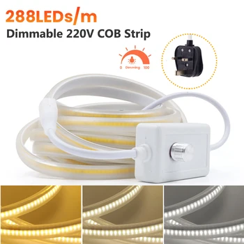 Dimmable COB LED Strip Light 220V 288LEDs /m Супер Ярък Линеен Гъвкав COB Light Bar Външна Водоустойчива Лампа с Британския Комплект за Хранене