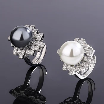 EYIKA Нов дизайн, 14-миллиметровые пръстени с големи черни и бели перли, Геометрично квадратно пръстен с покритие от цирконий, женски сватбени декорации на пръсти за годеж
