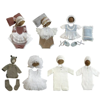 F62D Стилен подпори за фотосесия на новородено, завързана на анцуг с подходяща шапка, модерен комплект дрехи за снимки на момичета за бебета