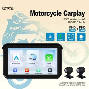 GpCaSr 5-Инчов Преносим Мотоциклет CarPlay GPS Навигация, Водоустойчив Дисплей Android Auto HD 1080P IPS Сензорен Екран Dash Cam ГУМИТЕ