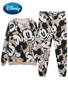 Hoody Disney с Мики и Мини Маус, дамски пуловер с кръгло деколте и анимационни принтом, жилетка, потник + панталон с лък, 1 комплект женски панталони