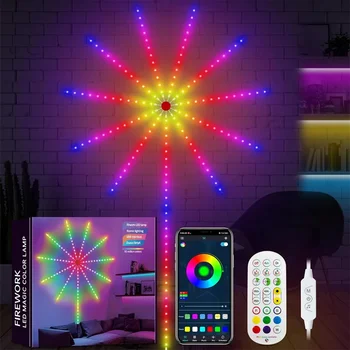 Led лента, управлявани умен приложение RGB-фойерверки с дистанционно синхронизиране на музика, DreamColor RGB Starburst Фея String Светлини