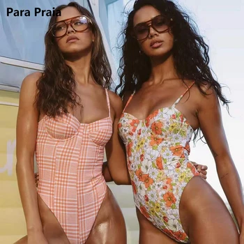Para Praia Класически бански с цветен модел 2023, едно парче бански, секси жена е открит бански костюм за жени, монокини с бандажным деколте