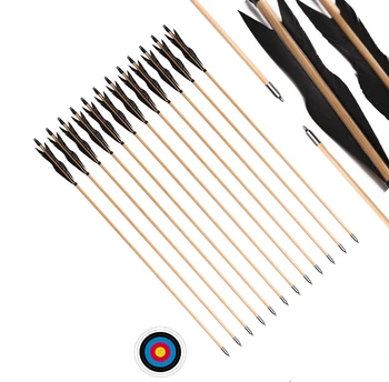 PG1ARCHERY 6/12 БР 31,5-инчов дървени стрели с 5,8-инчов черни индюшачьими пера за стрелба, подходящи за дълги и ловни лъкове