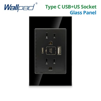 Wallpad Американската контакт с USB порт Type C Зарядно устройство с мощност 20 W Бял Черен панел от закалено стъкло, Стенни Електрически контакт Панел PC