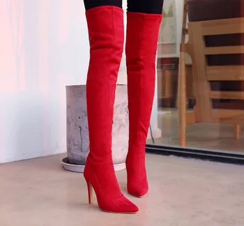 Ботуши до бедрото, от изкуствен велур, секси ластични тънки ботуши над коляното, женски красиви обувки на висок ток, черни, червени фетиш-дълги обувки