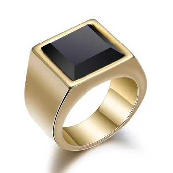 Годежни пръстени, златен на цвят, за мъже с Квадратно пръстен от неръждаема стомана с полиран черен камък с Добро качество