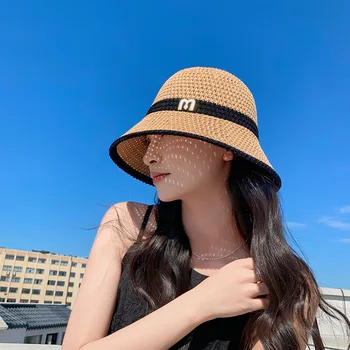 Дамски вязаная отворена шапка рибар, пролетно-лятна дишаща шапка за басейна в корейски стил, универсална солнцезащитная шапка за пътуване