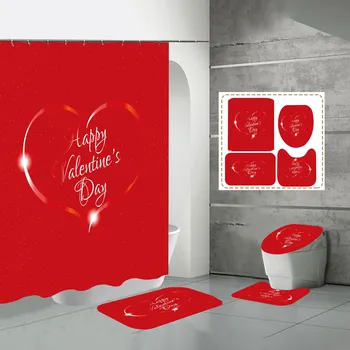 Ден на Свети Валентин, комплект от 4 теми, завеса за душ с подови изтривалки на разположение, Завеса за баня, комплекти за душ с шторкой и мат, тоалетни комплекти