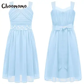 Елегантна шифоновое вечерна рокля без ръкави за момичета Choomomo Деца от 6 до 16 години с блестящи орнаменти, колан и рюшами във формата на сърце, рокли трапецовидна форма