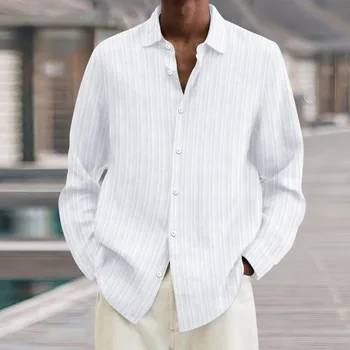 Есенна жилетка, бели ризи за мъже, облекло 2023, ежедневни однобортная блуза свободно намаляване с ревери и дълги ръкави, раирана блуза копчета