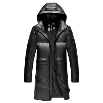 Есенно-зимно мъжко кожено яке, дълго, черно зимно пуховое палта за мъже, модно мъжко палто, зимата с препълнена, големи размери на M-4XL