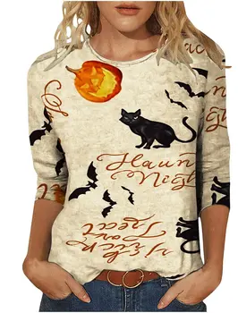 Женска тениска с принтом череп на котка с дълъг ръкав за Хелоуин, Основна блуза с кръгло деколте и шарките, 7 стилове