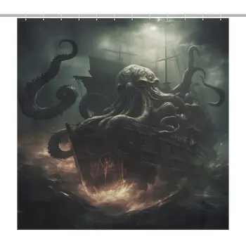 Завеса за душ Sots Art Кораб с пипала на морско чудовище във водата Готически връзки Водоустойчив Куки 12шт Баня