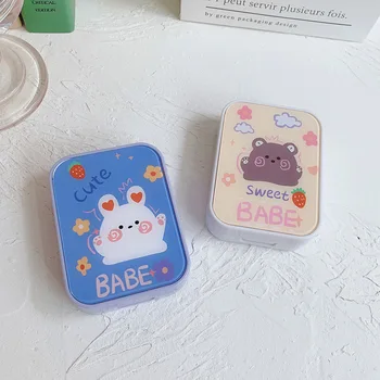 Калъф за контактни лещи БЕЙБ Bunny and bear с огледало Cartoony калъф за козметични лещи кутия за съхранение на контактни лещи подарък