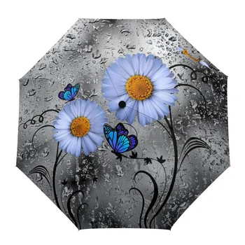 Капки вода с пеперуда-маргариткой, ветроупорен чадъри, пътна сгъваема женски мъжки и 3-те пъти неавтоматический чадър