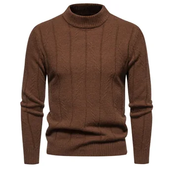 Кафяви вязаный пуловер, мъжки Класически есенно-зимния прост топла жилетка, Ежедневни однотонная ежедневни дрехи, пуловер с кръгло деколте, основен трико