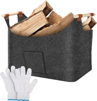 Кошница за дърва за огрев от особено дебел филц, голям капацитет, чанта за съхранение на дърва за огрев с подсилена дървена дръжка