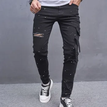 Мотоциклетни черни мъжки дънки с каишка и странични джоб, Разкъсно деним, стегнати панталони-молив с чернильным покритие