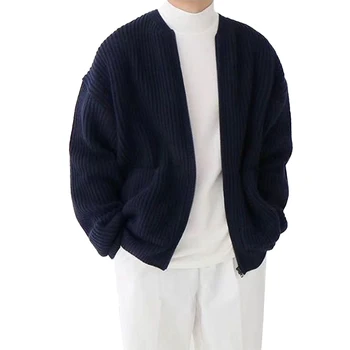 Мъжки вязаный жилетка с цип, скок с кръгло деколте на лигавицата, пуловер с джобове, ежедневни и удобен Класически обикновен модел в Тъмно синьо