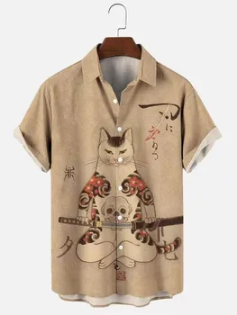 Новата риза с принтом хубава котка, мъжка хавайска риза, Летен случайни топ, Свободна Проста риза с голям размер, един Женски однобортный топ копчета 5xl