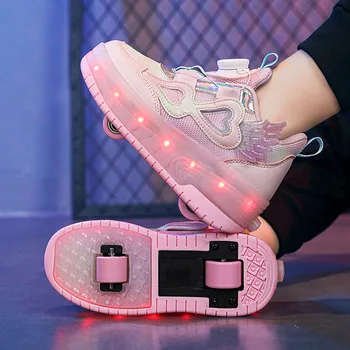 Обувки за ролери с led подсветка, обувки за момчета и момичета, USB зареждане, Розови две колела Светещи маратонки за децата, Детски обувки с led подсветка