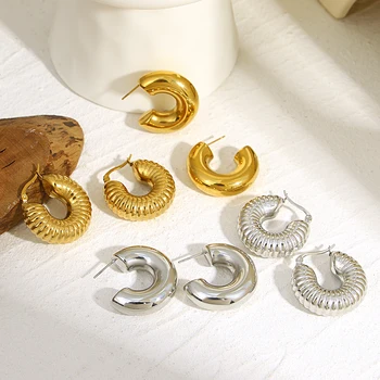 Прекрасни Модни кръгли обеци-халки от неръждаема стомана за жени, позлатени Дебели метални скоби за ушите, текстурирани обеци, модни бижута 2023 г.