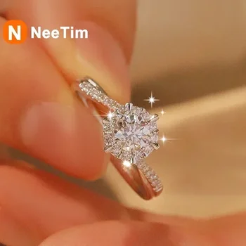 Пръстен с диаманти NeeTim с муассанитом 0,5/1 карата, Годежен пръстен за жени, покрити със сребро 925 проба, сертифициран пръстен Обещание от бяло злато 18 карата.