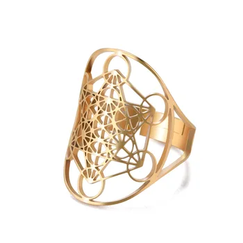 Пръстен с куб Метатрона златен цвят от неръждаема стомана, широко открывающееся пръстен, Мъжки Звездата на Давид, Енергията на Вселената Кабала, Дамски бижута