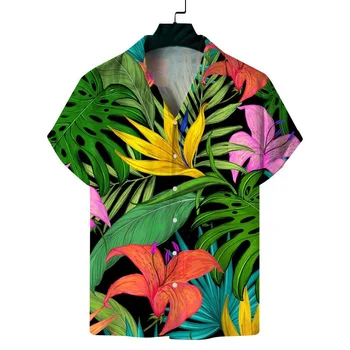 Риза с 3D-принтом под формата на разноцветни листа на цветни растения, мъжки хавайска риза с ревера и с къси ръкави, лятна плажна блуза оверсайз
