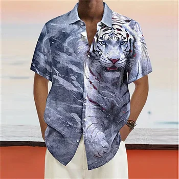 Риза с къс ръкав с 3D животно принтом, Хавайски мъжки ежедневни риза с тигровым принтом, Пуговица на ревера, на Извънгабаритни топ, Плажни дрехи за Мъже с високо качество.