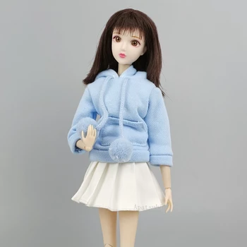 Синя hoody с качулка, бяла плиссированная пола, комплект за кукла Барби, ежедневни облекла, аксесоари за кукли 1/6 BJD, е детска играчка, със собствените си ръце