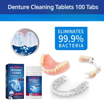 Таблетки за почистване на зъбни протези, таблетки за почистване на зъбни протези, Почистващо средство за устната кухина, хапчета за отстраняване на бактерии и неприятни миризми, плака, 100 таблетки