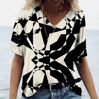 Тениска дамски модни лятна тениска с къс ръкав ежедневни свободна градинска тениска дамска мода с неправилна форма с V-образно деколте