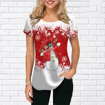 Тениска За Жени, Коледни Графични Тениски, Блузи С 3D Принтом Снежен човек От Карикатура, Модни Дрехи С Къси Ръкави, Негабаритная Тениска За Партита