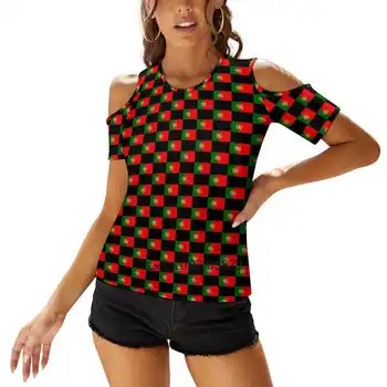 Тениска с флага на Португалия и португалски стикер, дамски тениски, блузи с принтом, отгоре с V-образно деколте с цип, модна тениска с графичен дизайн, Португалия