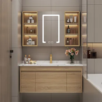 Шкаф за баня цвят на вход, мивка в японски стил, стъклена врата за баня от масивно дърво, интелигентен огледален шкаф